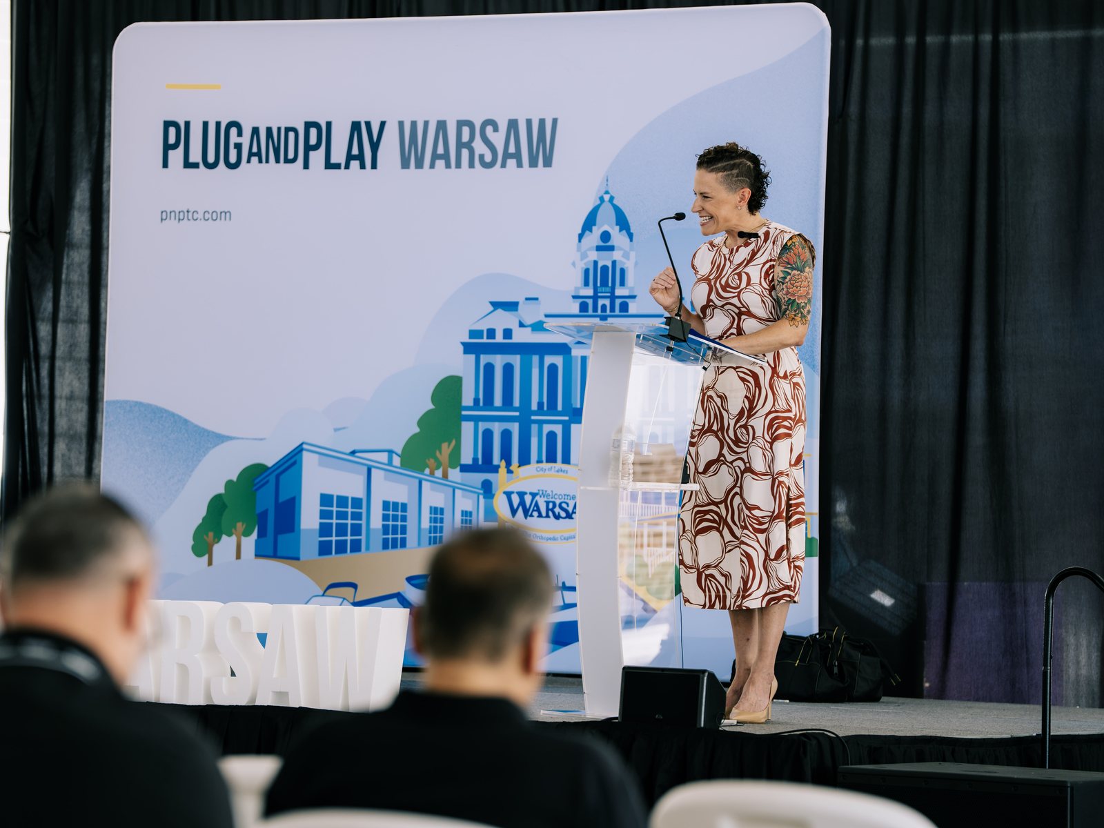 Dr. Sarah Matt delivering the keynote at the Plug and Play Warsaw Medtech Expo in Winona Lake, Indiana, September 2026